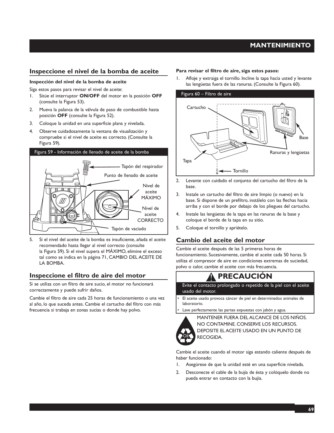 Briggs & Stratton 074002 Inspeccione el nivel de la bomba de aceite, Inspeccione el filtro de aire del motor 