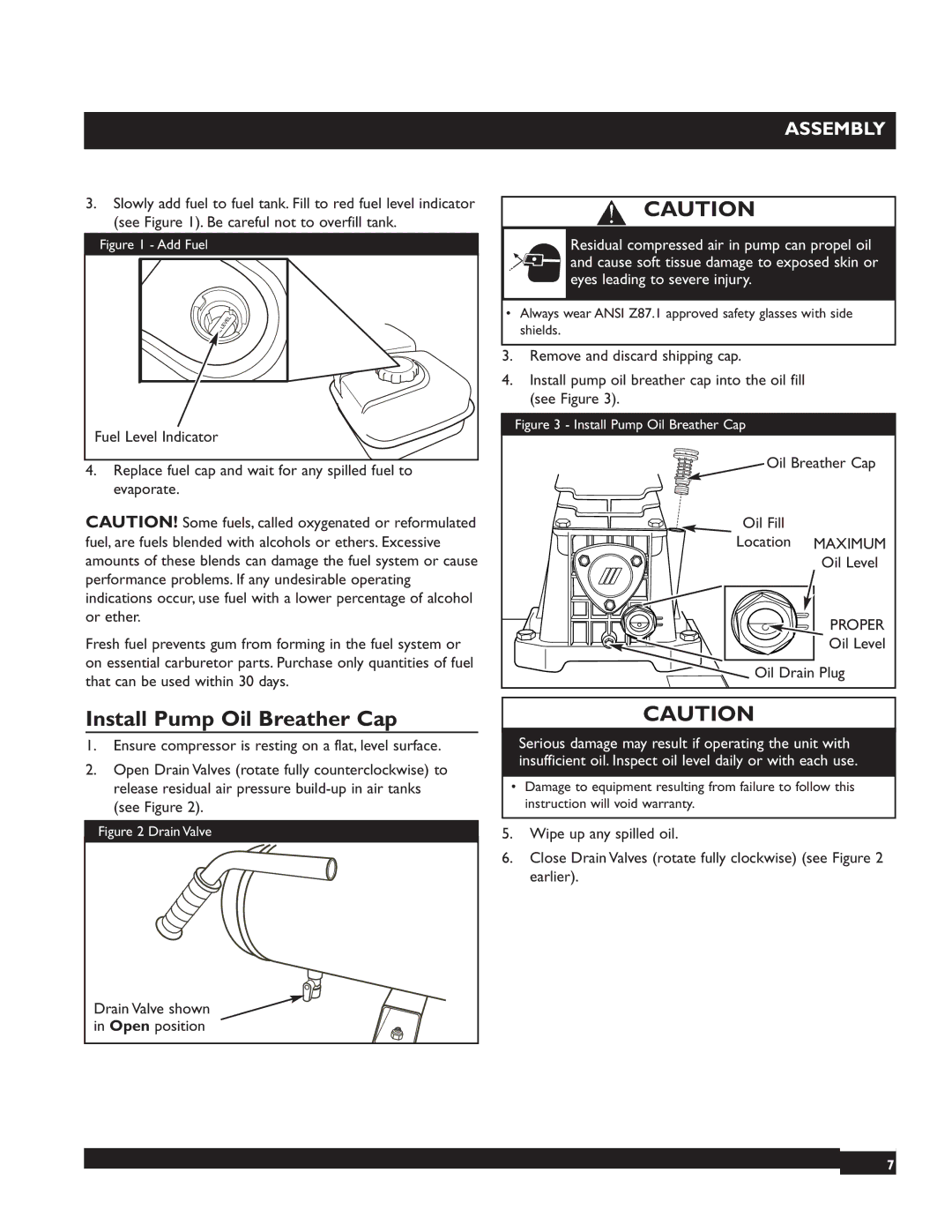 Briggs & Stratton 074002 Install Pump Oil Breather Cap, Fuel Level Indicator, Drain Valve shown in Open position 