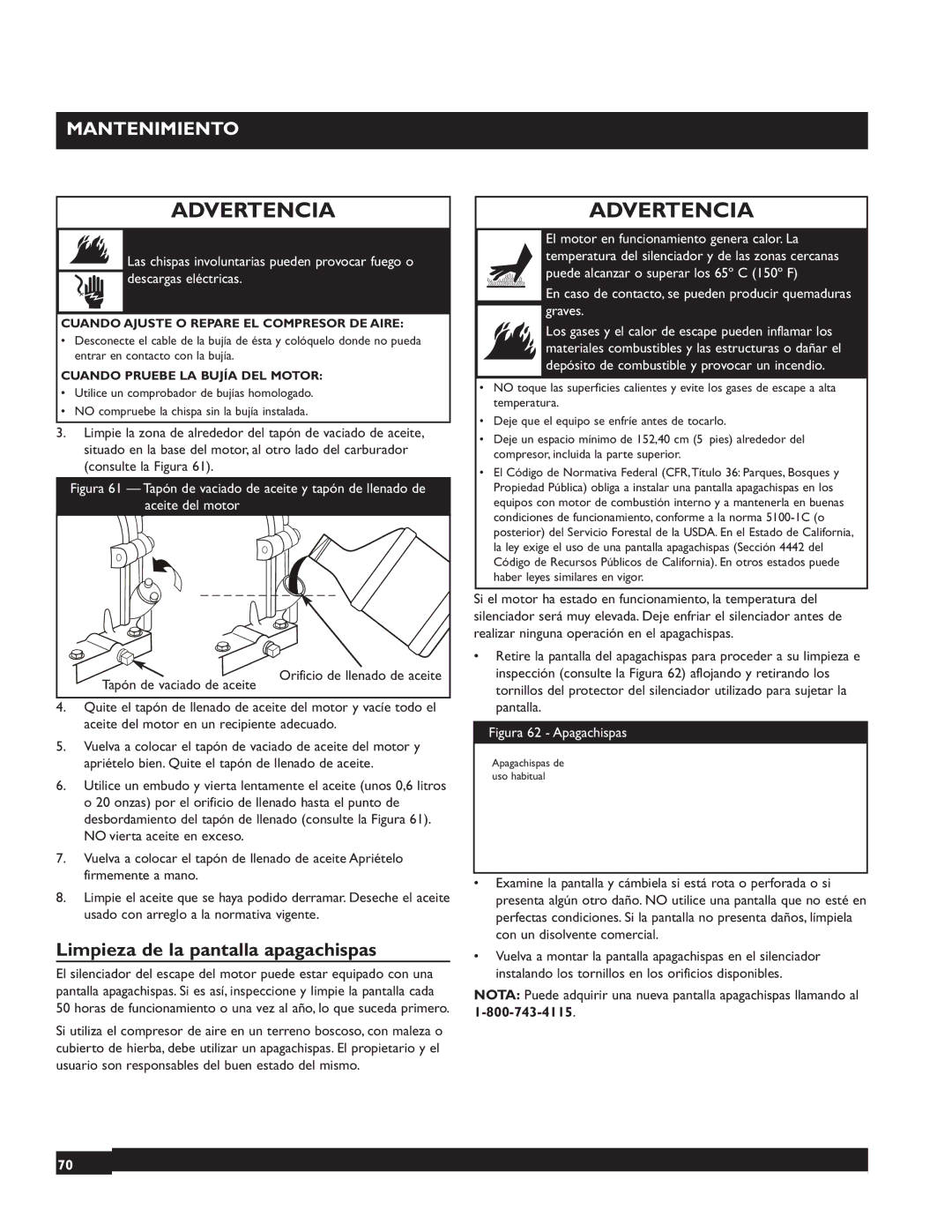 Briggs & Stratton 074002 operating instructions Limpieza de la pantalla apagachispas, Tapón de vaciado de aceite 