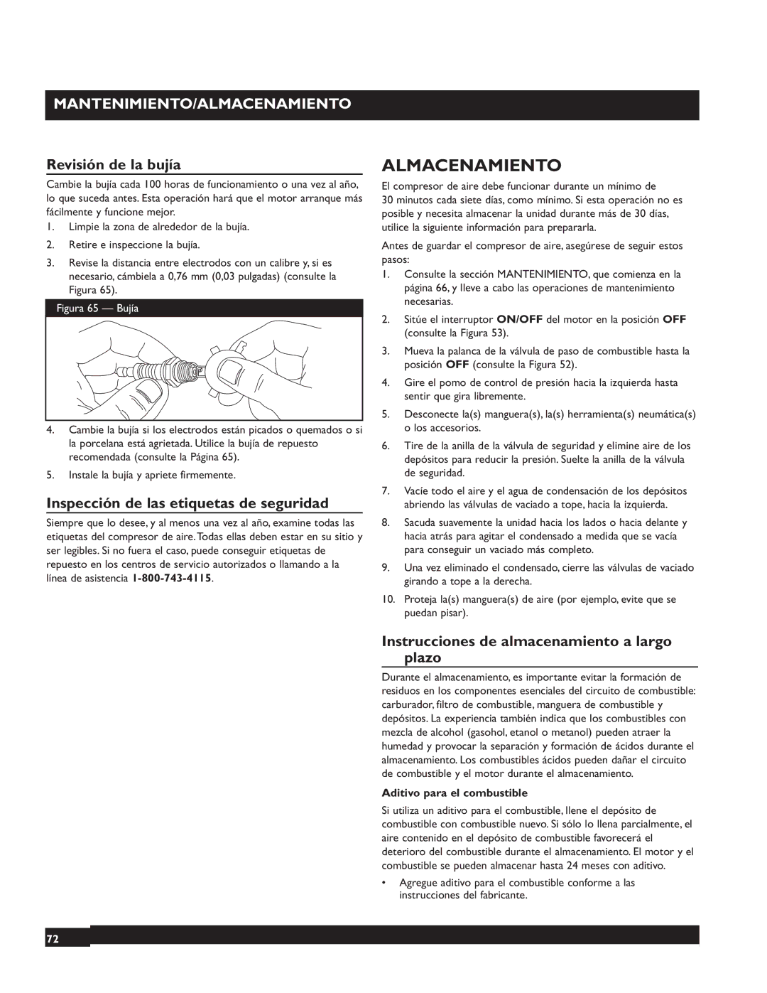 Briggs & Stratton 074002 Mantenimiento/Almacenamiento, Revisión de la bujía, Inspección de las etiquetas de seguridad 