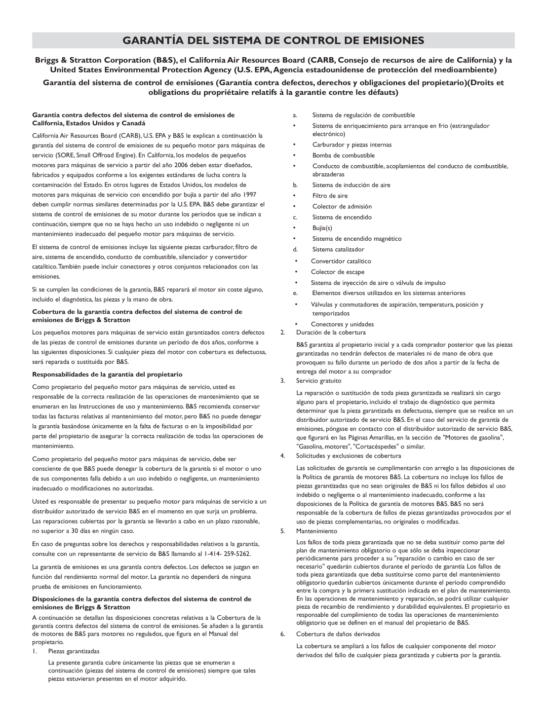 Briggs & Stratton 074002 operating instructions Garantía DEL Sistema DE Control DE Emisiones 