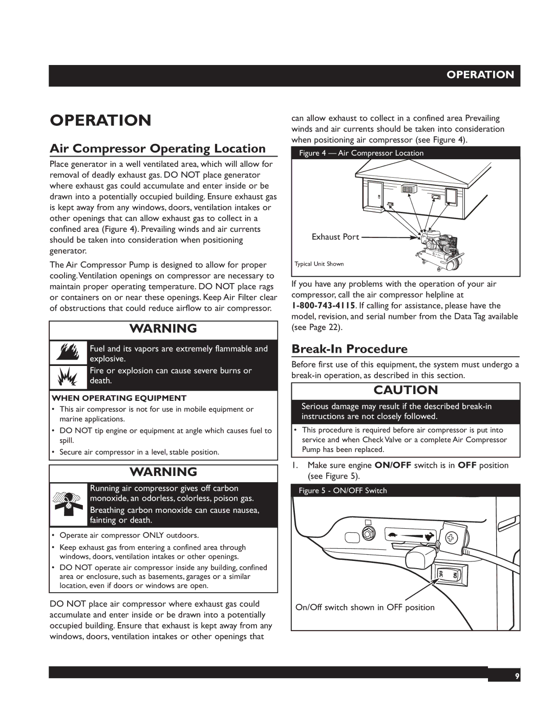 Briggs & Stratton 074002 operating instructions Operation, Air Compressor Operating Location, Break-In Procedure 