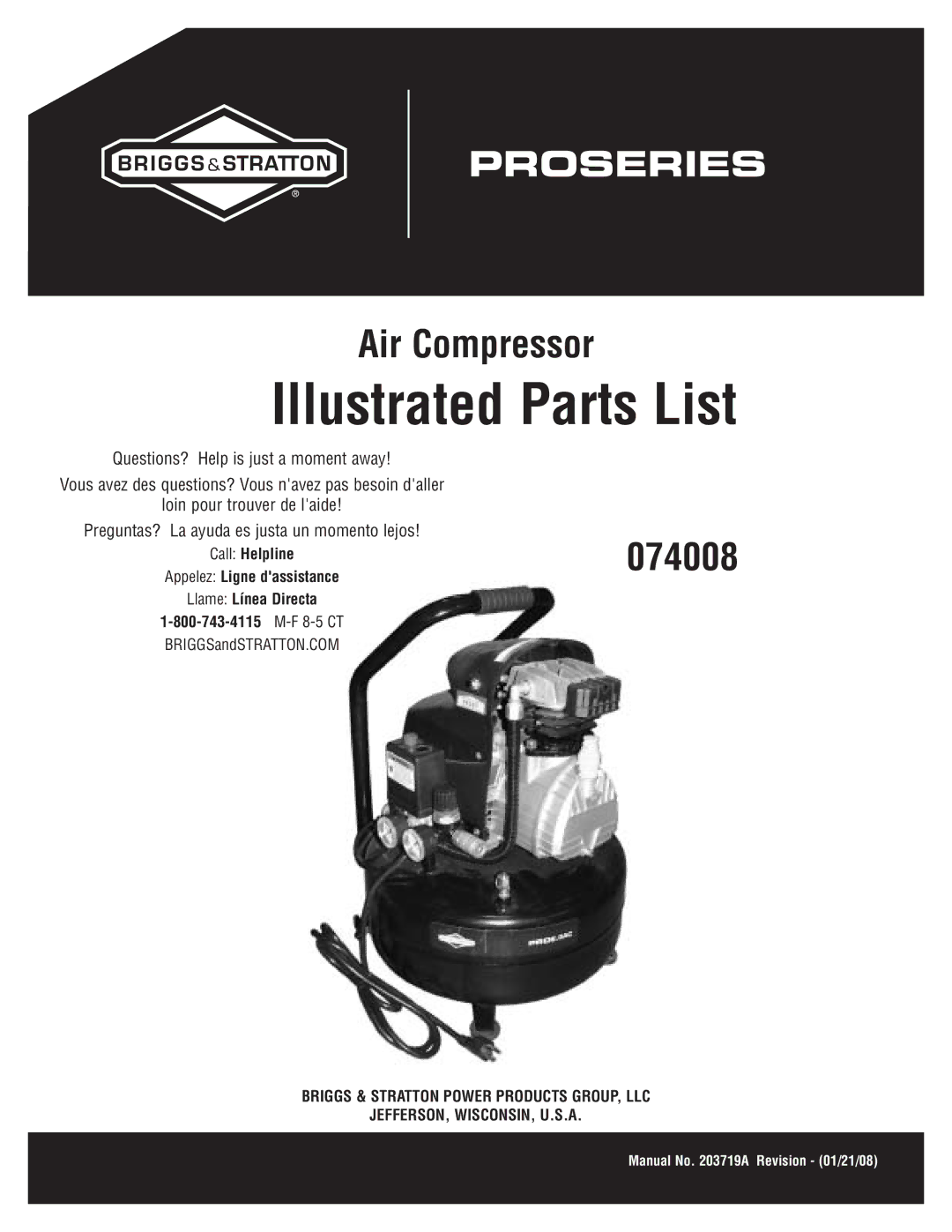 Briggs & Stratton 074008 manual Illustrated Parts List, Air Compressor, F 8-5 CT 