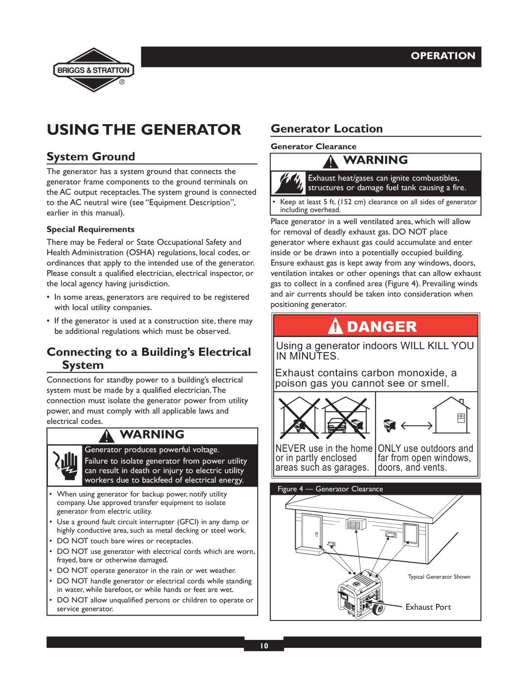 Briggs & Stratton 09801-9 Using the Generator, System Ground, Connecting to a Building’s Electrical System, Exhaust Port 