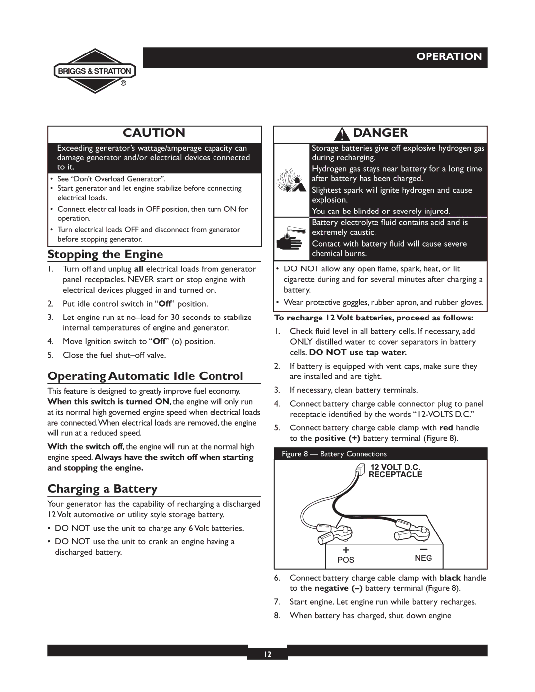 Briggs & Stratton 09801-9 manuel dutilisation Stopping the Engine, Operating Automatic Idle Control, Charging a Battery 