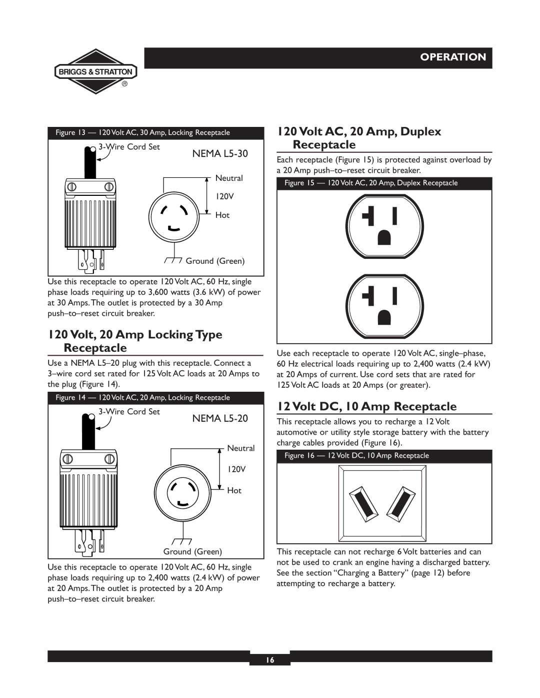 Briggs & Stratton 09801-9 manuel dutilisation Volt AC, 20 Amp, Duplex Receptacle, Volt, 20 Amp Locking Type Receptacle 