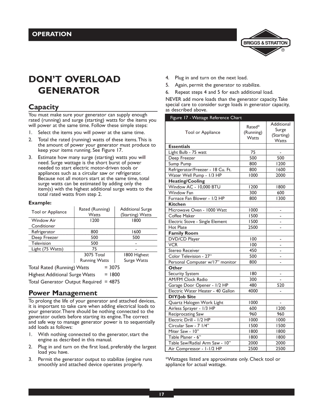 Briggs & Stratton 09801-9 manuel dutilisation DON’T Overload Generator, Capacity, Power Management 