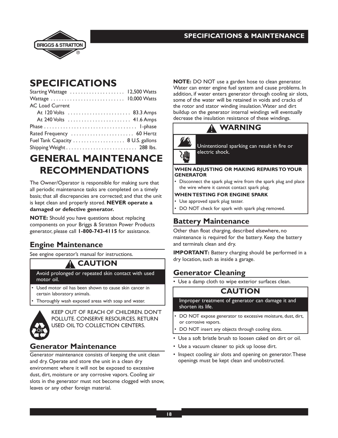 Briggs & Stratton 09801-9 manuel dutilisation Specifications, General Maintenance Recommendations 