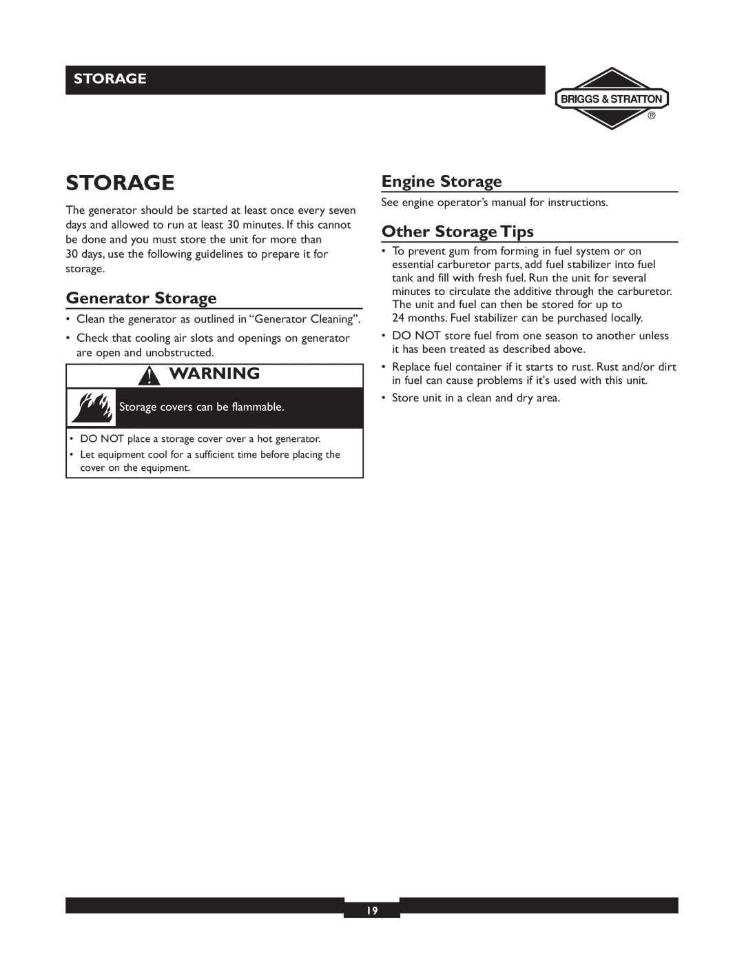 Briggs & Stratton 09801-9 manuel dutilisation Generator Storage, Engine Storage, Other Storage Tips 