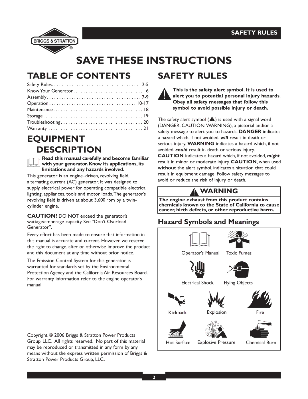 Briggs & Stratton 09801-9 manuel dutilisation Table of Contents, Equipment Description, Safety Rules 