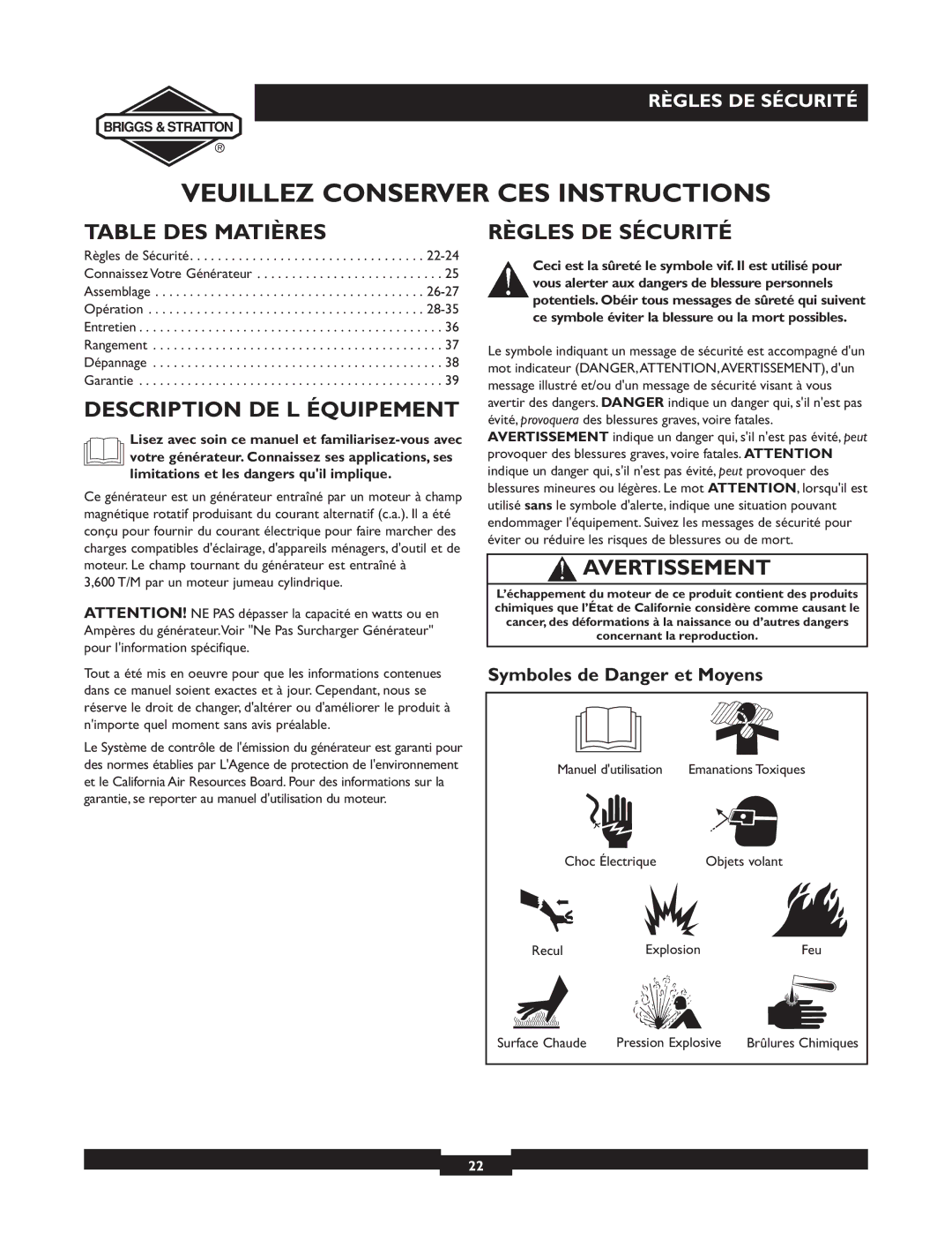 Briggs & Stratton 09801-9 Table DES Matières, Description DE L Équipement, Règles DE Sécurité, Avertissement 