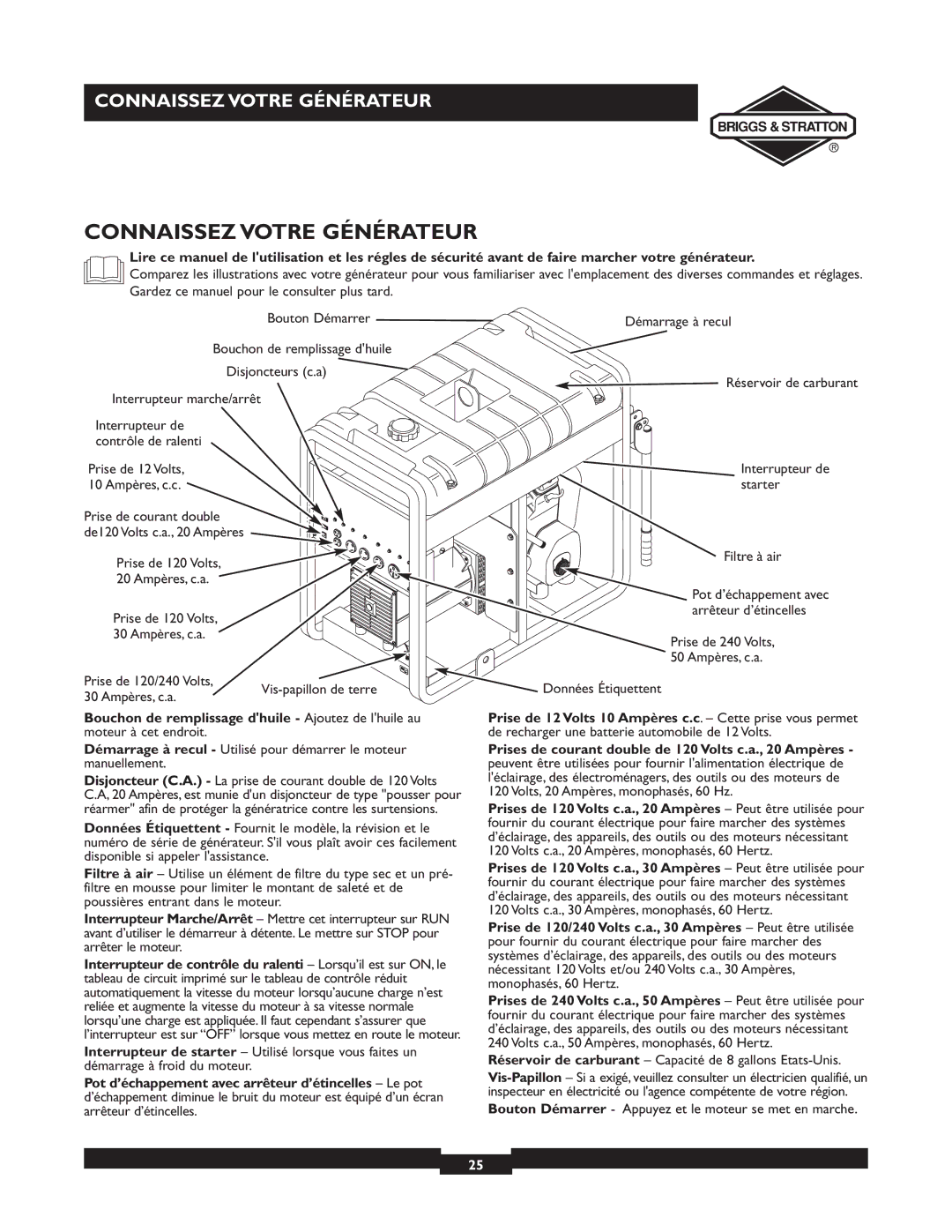 Briggs & Stratton 09801-9 manuel dutilisation Connaissez Votre Générateur 