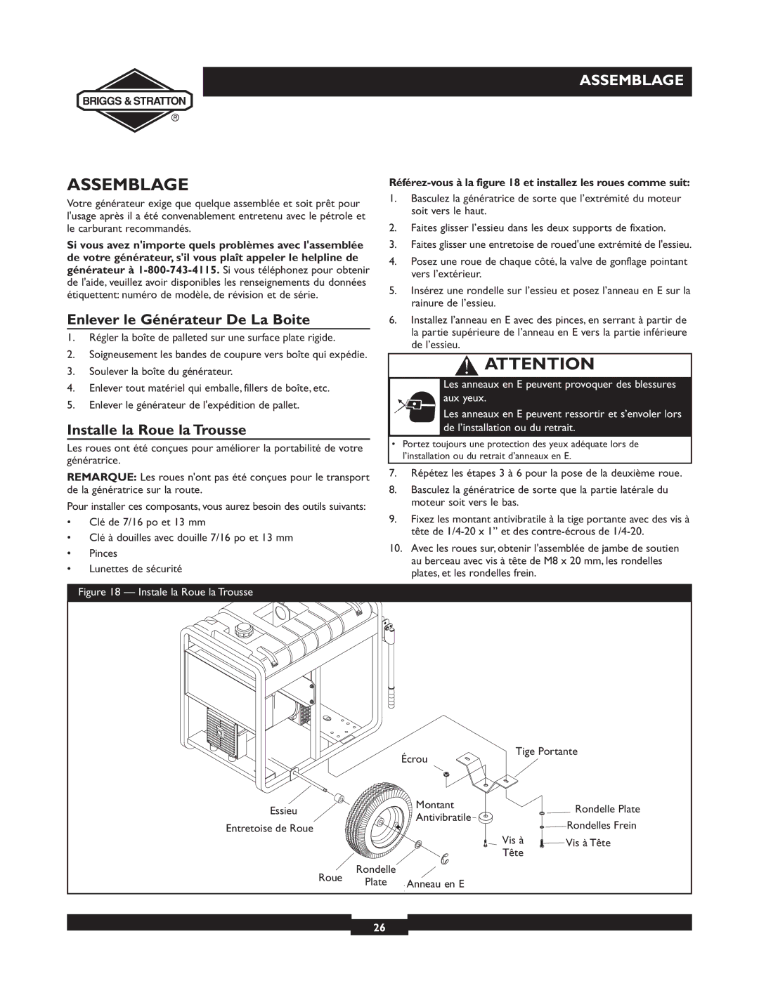 Briggs & Stratton 09801-9 manuel dutilisation Assemblage, Enlever le Générateur De La Boite, Installe la Roue la Trousse 