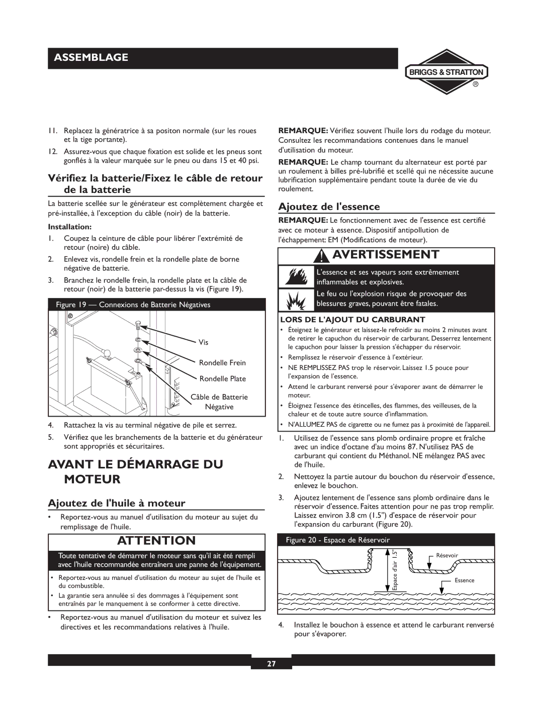 Briggs & Stratton 09801-9 Avant LE Démarrage DU Moteur, Ajoutez de lhuile à moteur, Ajoutez de lessence, Installation 