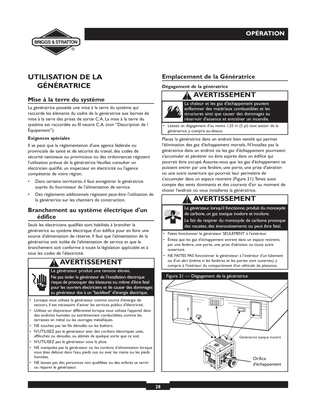 Briggs & Stratton 09801-9 Utilisation DE LA Génératrice, Mise à la terre du système, Emplacement de la Génératrice 