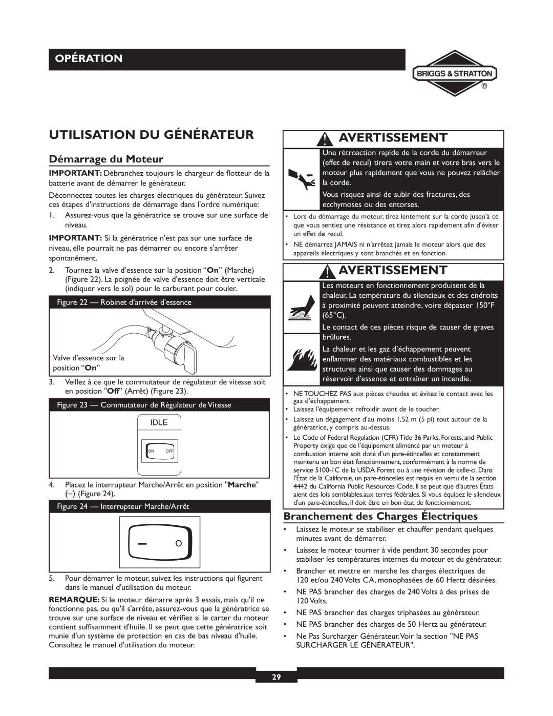 Briggs & Stratton 09801-9 Utilisation DU Générateur, Démarrage du Moteur, Branchement des Charges Électriques 