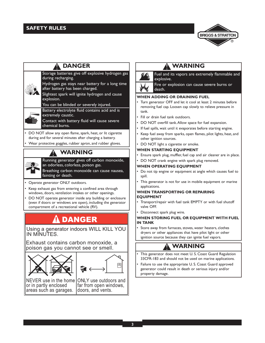 Briggs & Stratton 09801-9 When Adding or Draining Fuel, When Starting Equipment, When Operating Equipment 