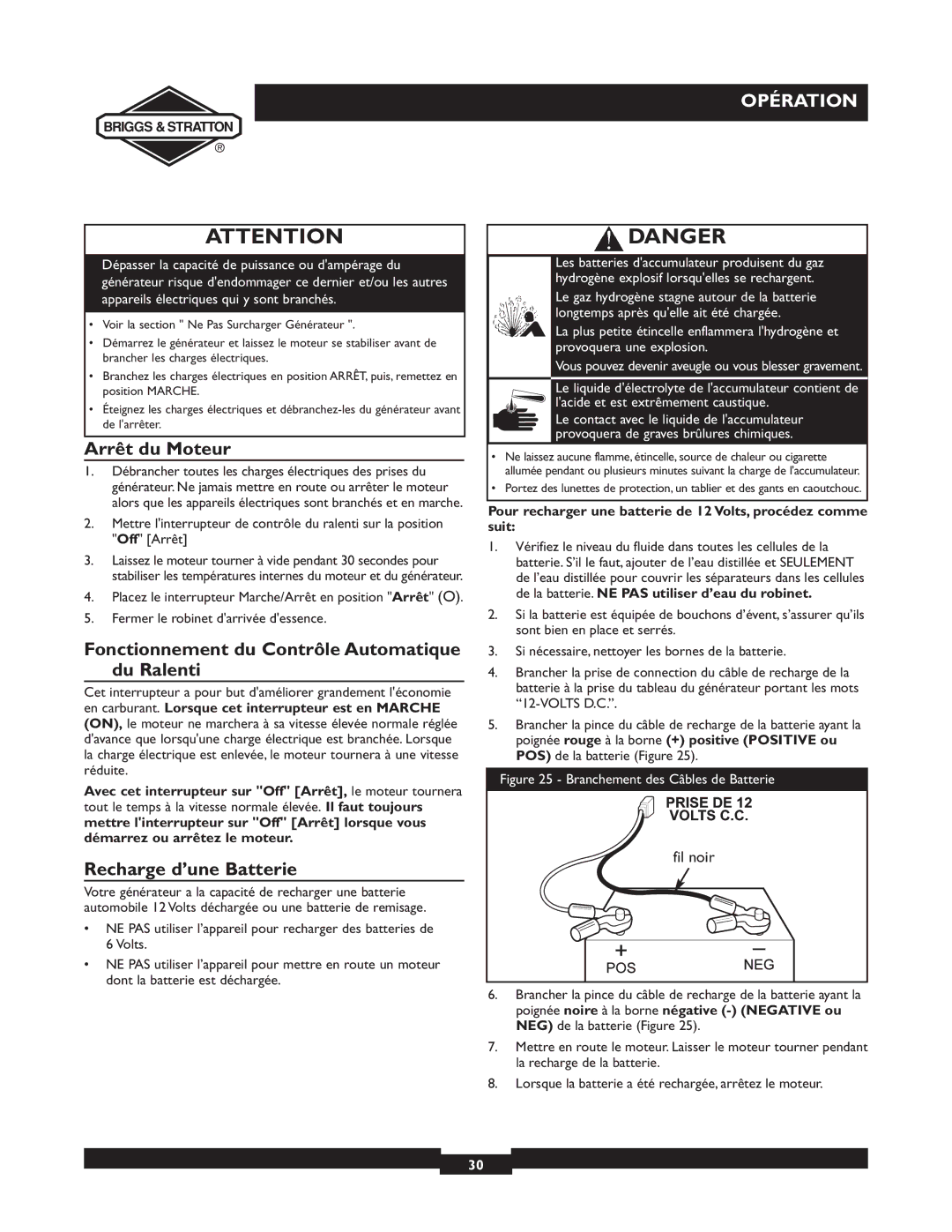 Briggs & Stratton 09801-9 Arrêt du Moteur, Fonctionnement du Contrôle Automatique du Ralenti, Recharge d’une Batterie 