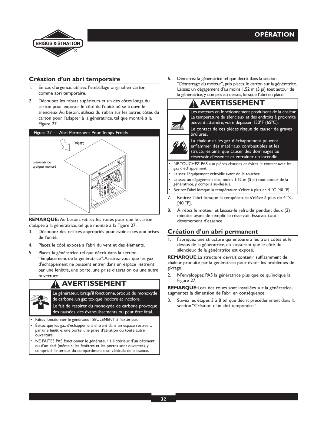 Briggs & Stratton 09801-9 manuel dutilisation Création d’un abri temporaire, Création d’un abri permanent, Vent 