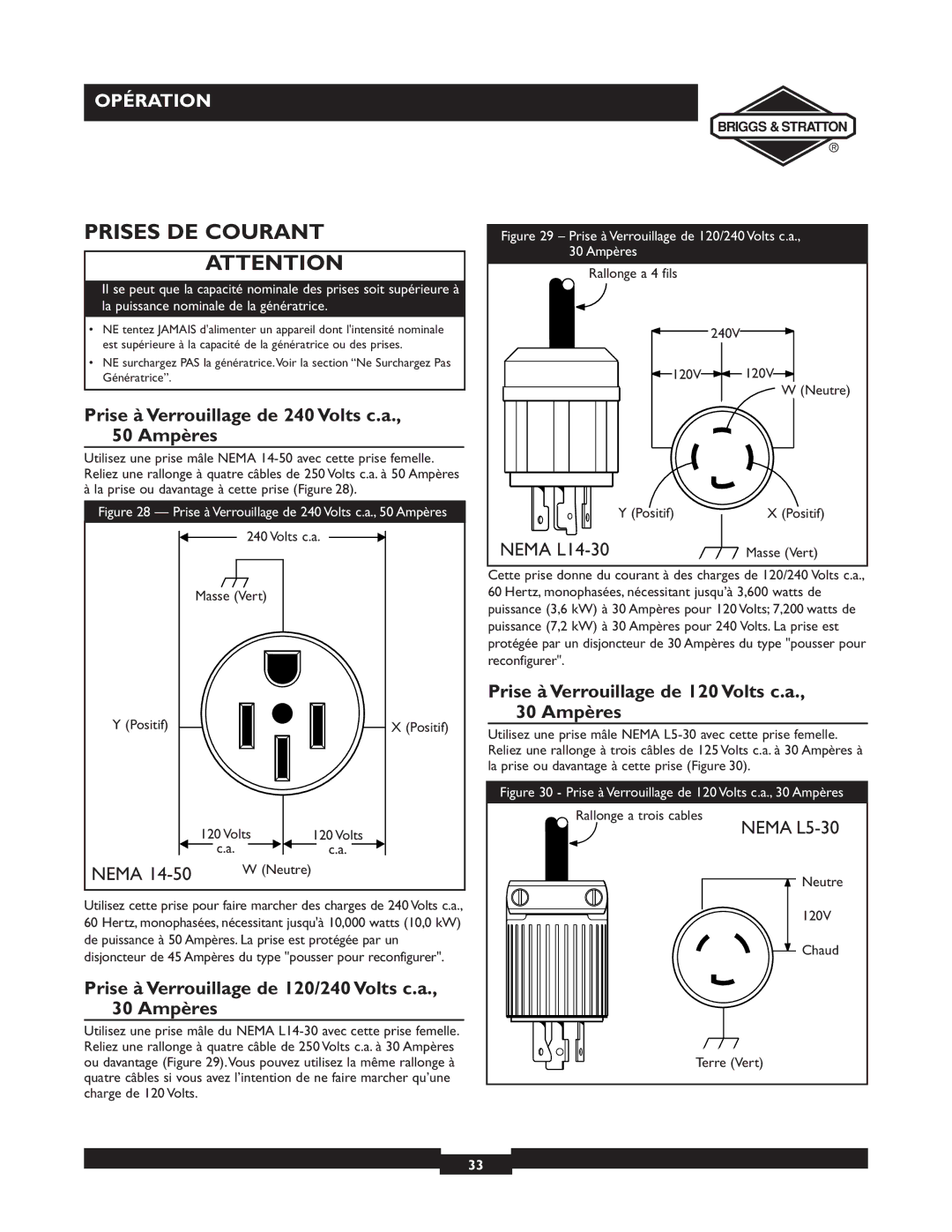 Briggs & Stratton 09801-9 manuel dutilisation Prises DE Courant, Prise à Verrouillage de 240 Volts c.a., 50 Ampères 