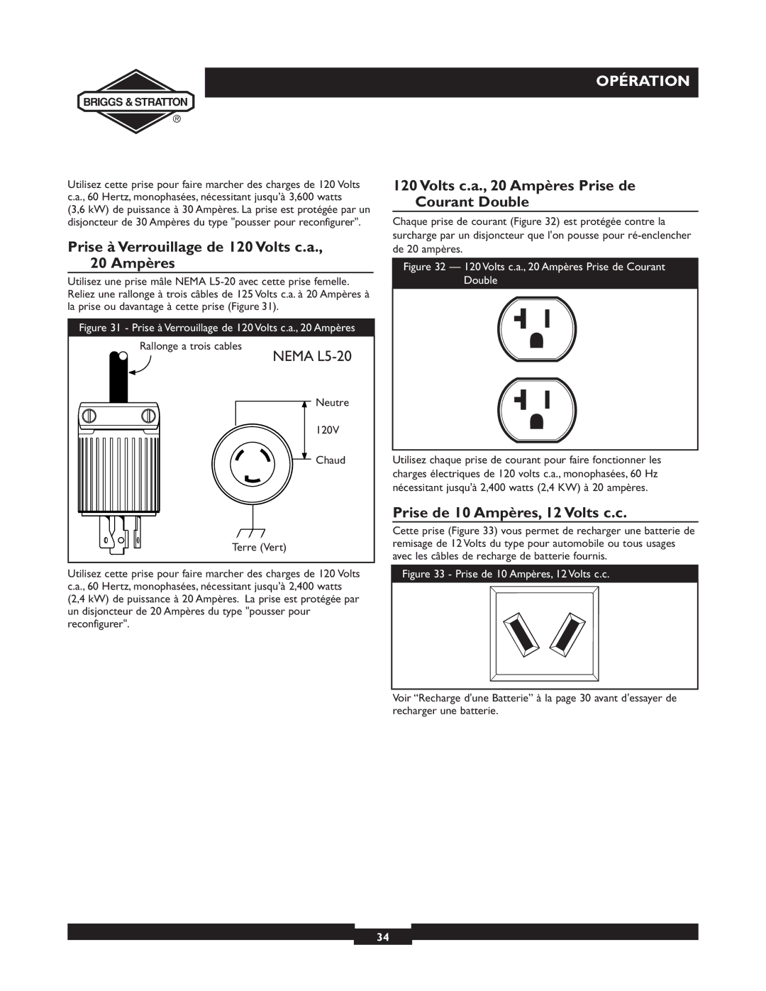 Briggs & Stratton 09801-9 Prise à Verrouillage de 120 Volts c.a., 20 Ampères, Prise de 10 Ampères, 12 Volts c.c 