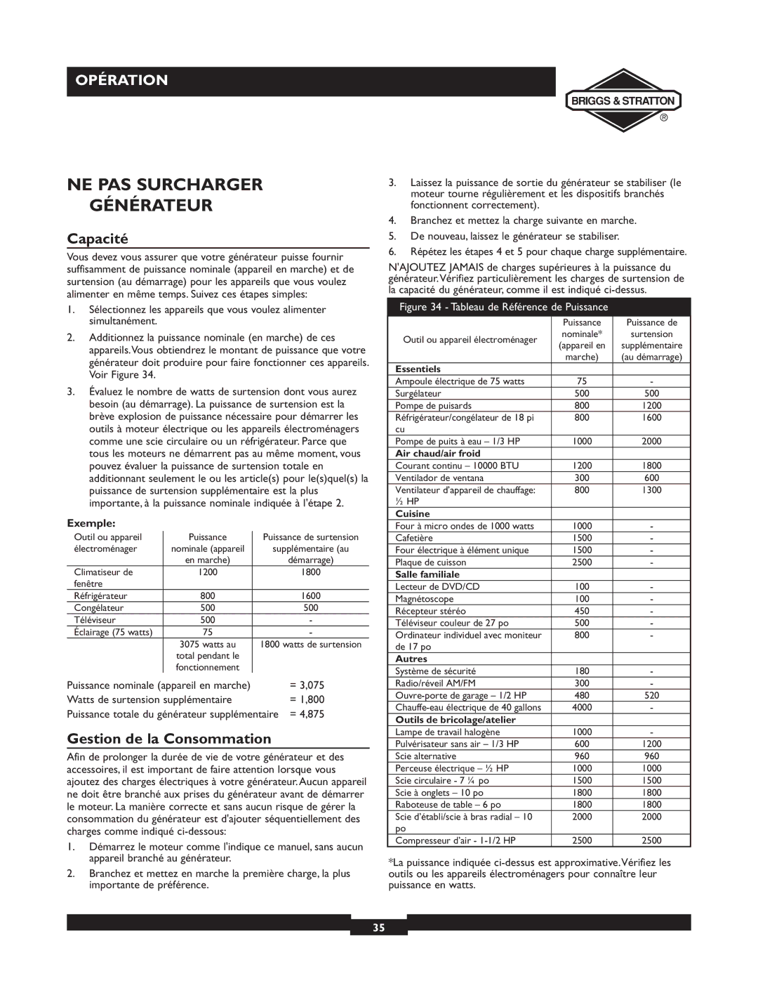 Briggs & Stratton 09801-9 NE PAS Surcharger Générateur, Capacité, Gestion de la Consommation, Exemple, = 3,075 