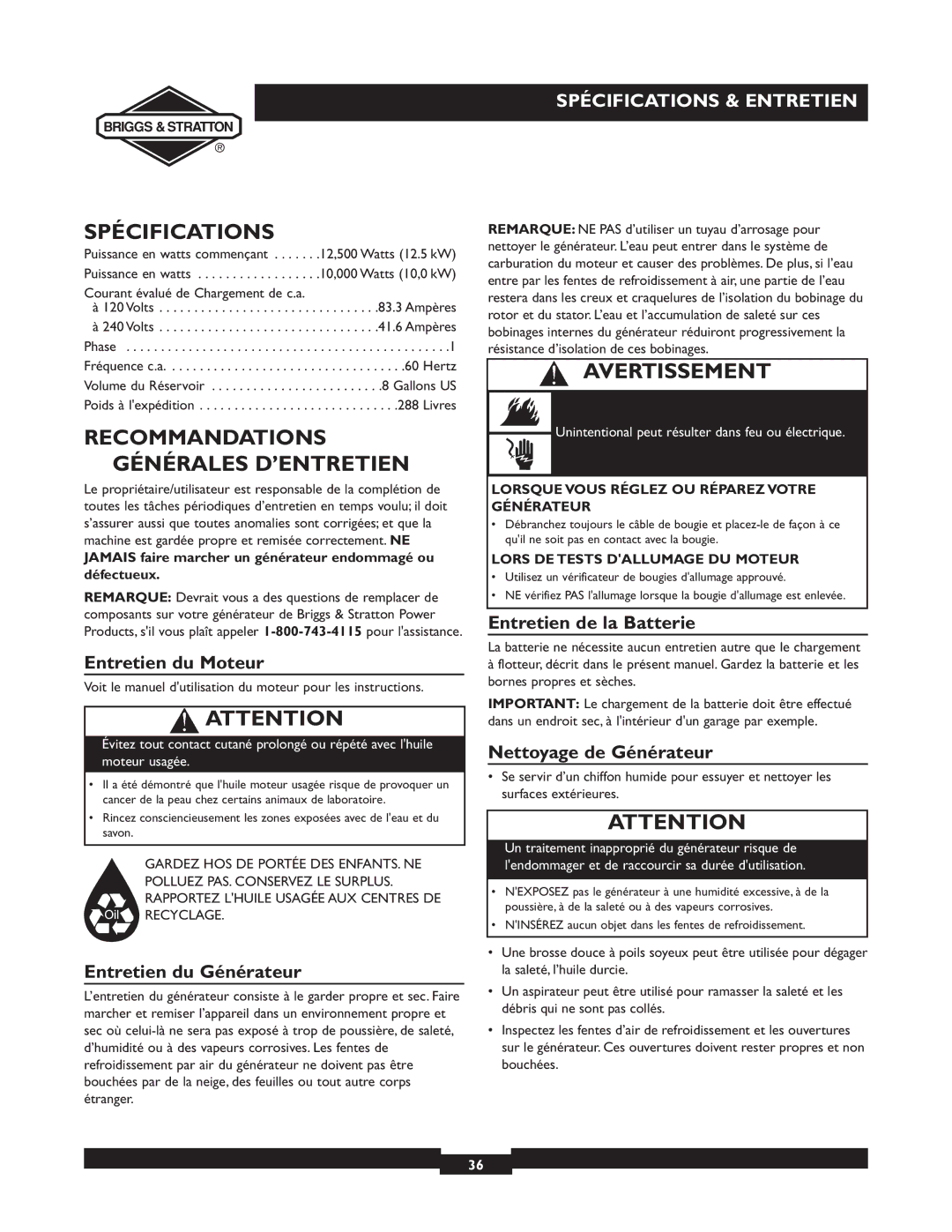 Briggs & Stratton 09801-9 manuel dutilisation Spécifications, Recommandations Générales D’ENTRETIEN 