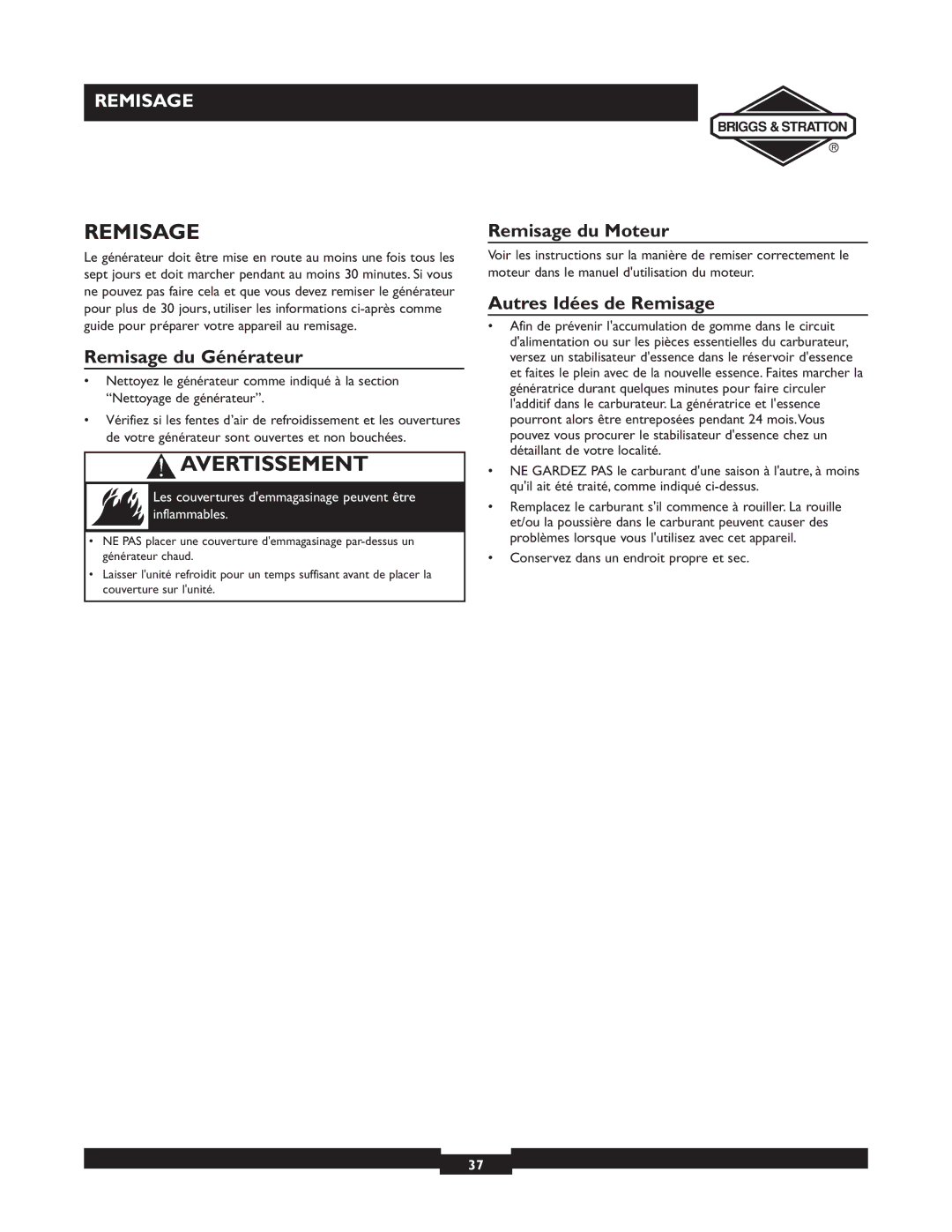 Briggs & Stratton 09801-9 manuel dutilisation Remisage du Générateur, Remisage du Moteur, Autres Idées de Remisage 