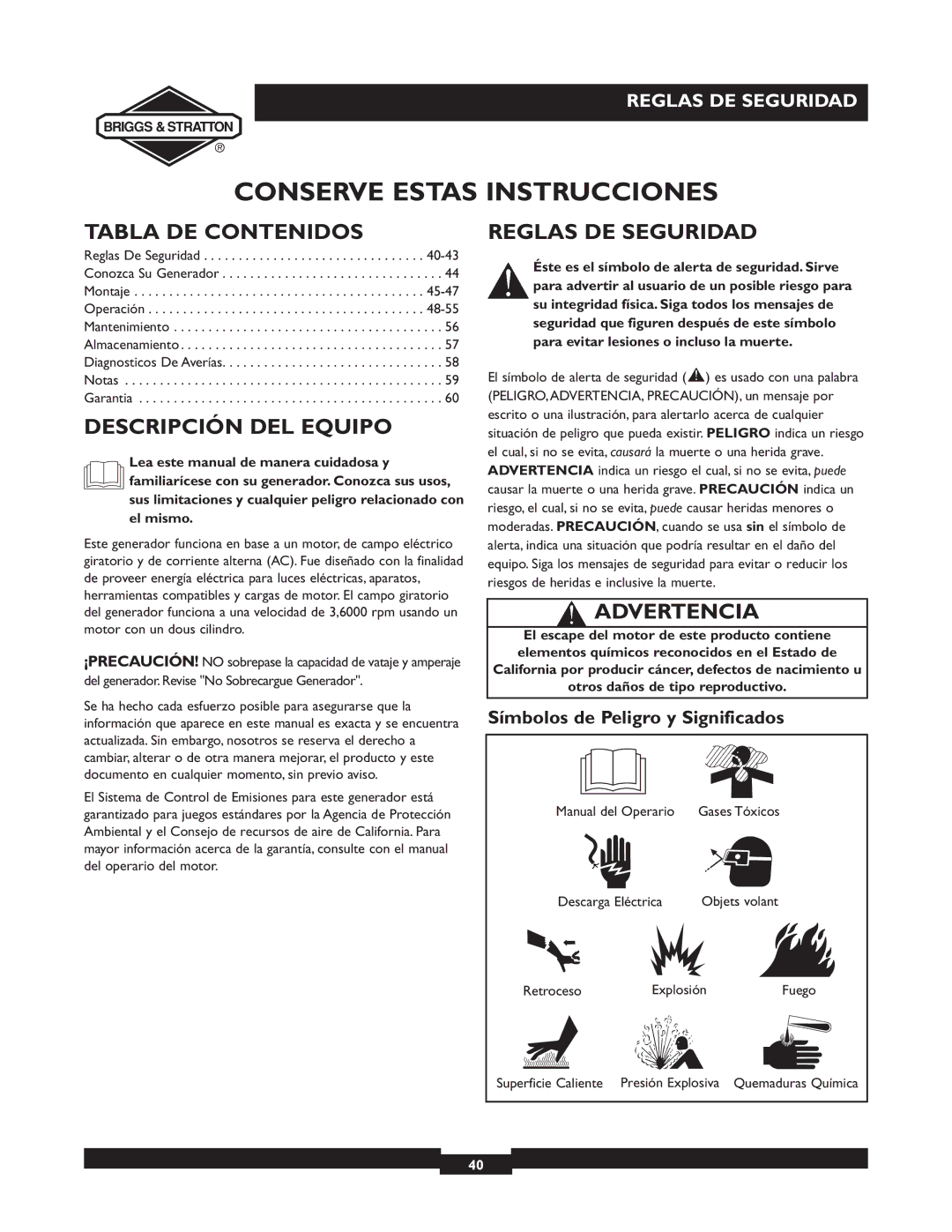 Briggs & Stratton 09801-9 manuel dutilisation Tabla DE Contenidos, Descripción DEL Equipo, Reglas DE Seguridad, Advertencia 