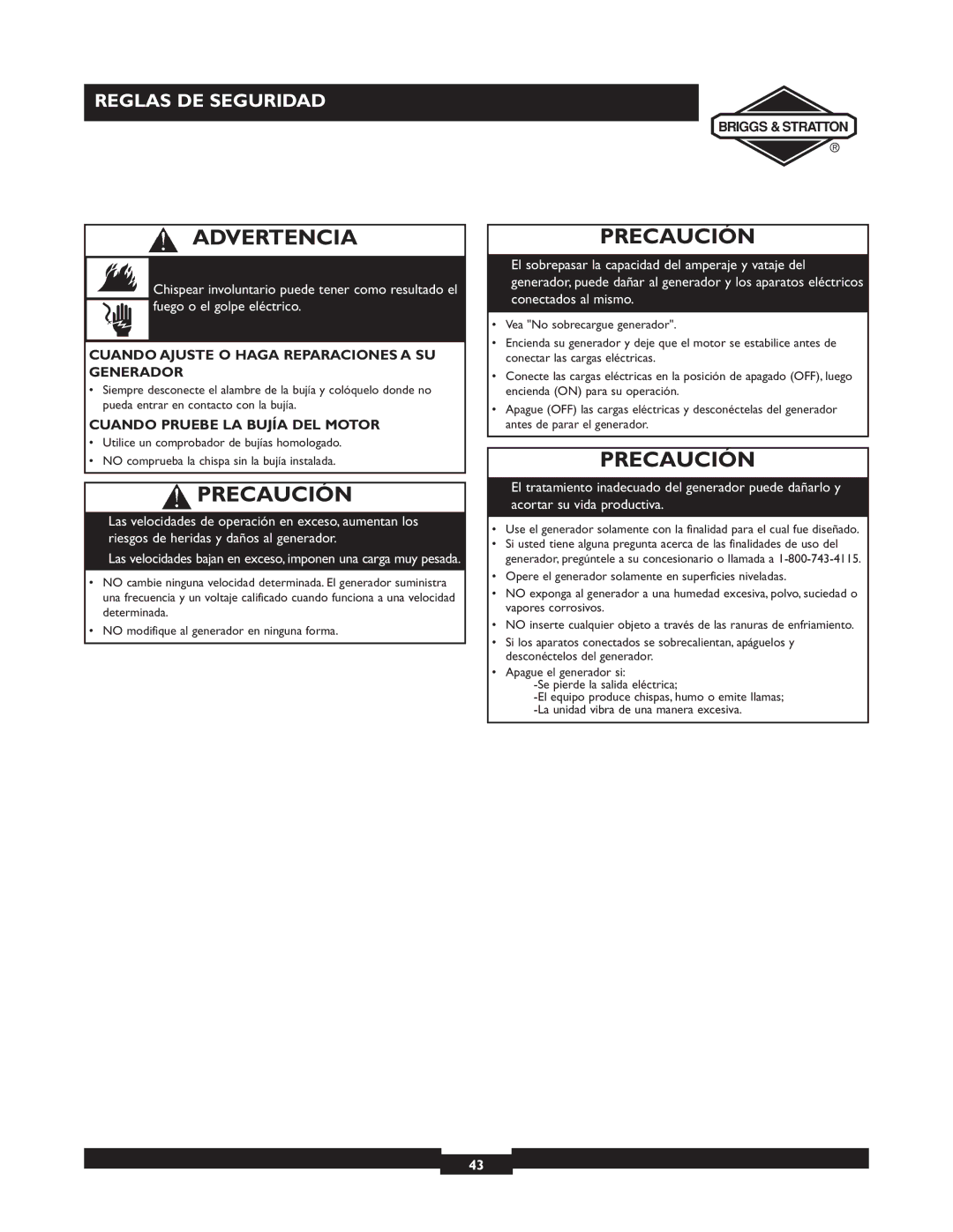 Briggs & Stratton 09801-9 Precaución, Cuando Ajuste O Haga Reparaciones a SU Generador, Cuando Pruebe LA Bujía DEL Motor 