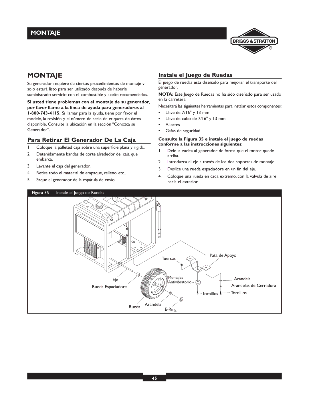 Briggs & Stratton 09801-9 manuel dutilisation Montaje, Para Retirar El Generador De La Caja, Instale el Juego de Ruedas 