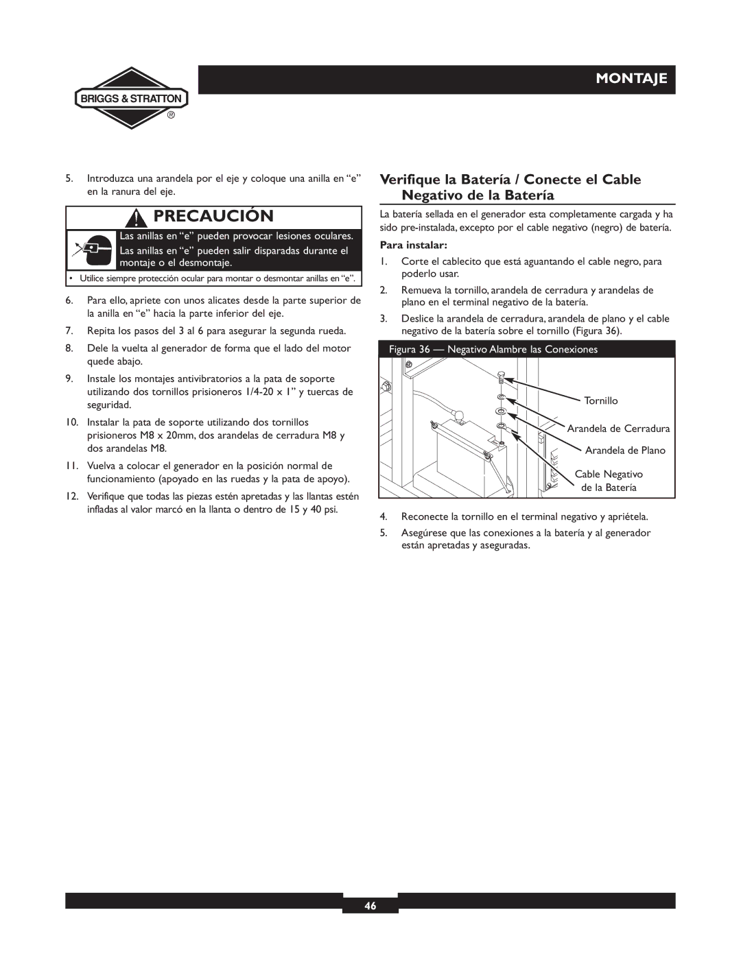 Briggs & Stratton 09801-9 manuel dutilisation Para instalar, Tornillo 