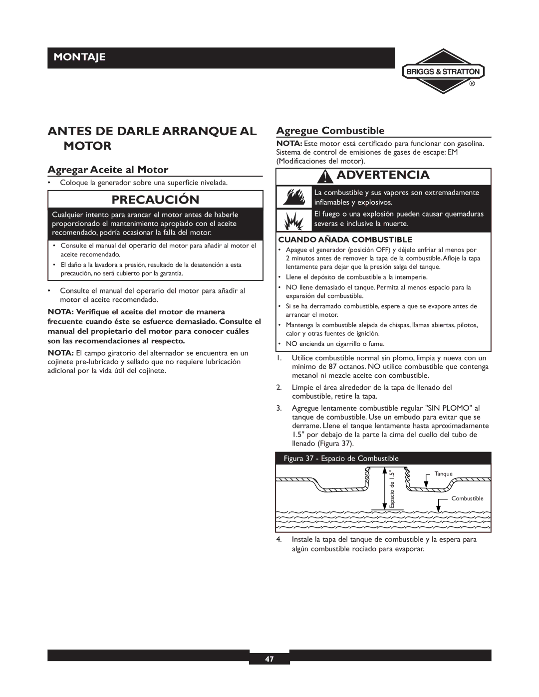 Briggs & Stratton 09801-9 Antes DE Darle Arranque AL Motor, Agregar Aceite al Motor, Agregue Combustible 