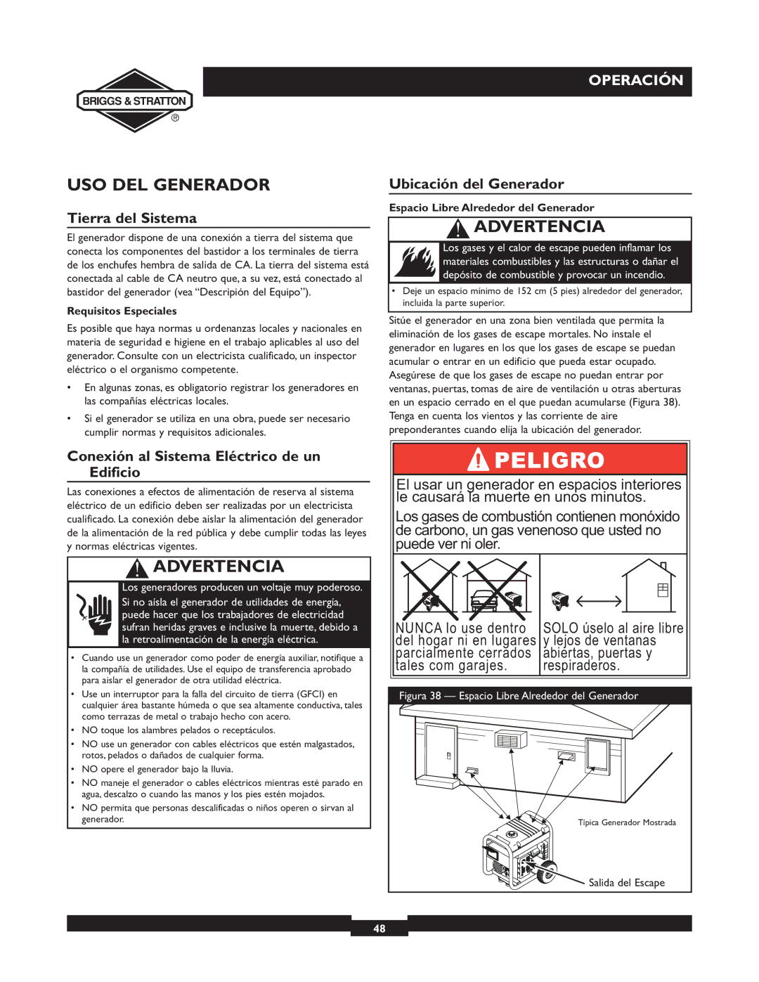 Briggs & Stratton 09801-9 manuel dutilisation USO DEL Generador, Tierra del Sistema, Ubicación del Generador 