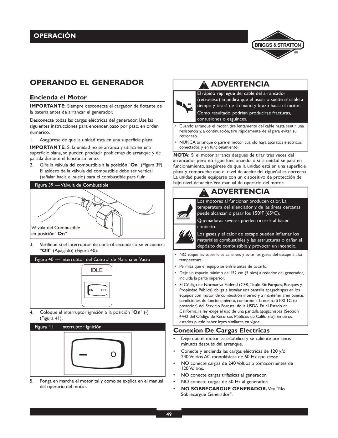 Briggs & Stratton 09801-9 manuel dutilisation Operando EL Generador, Encienda el Motor, Conexion De Cargas Electricas 