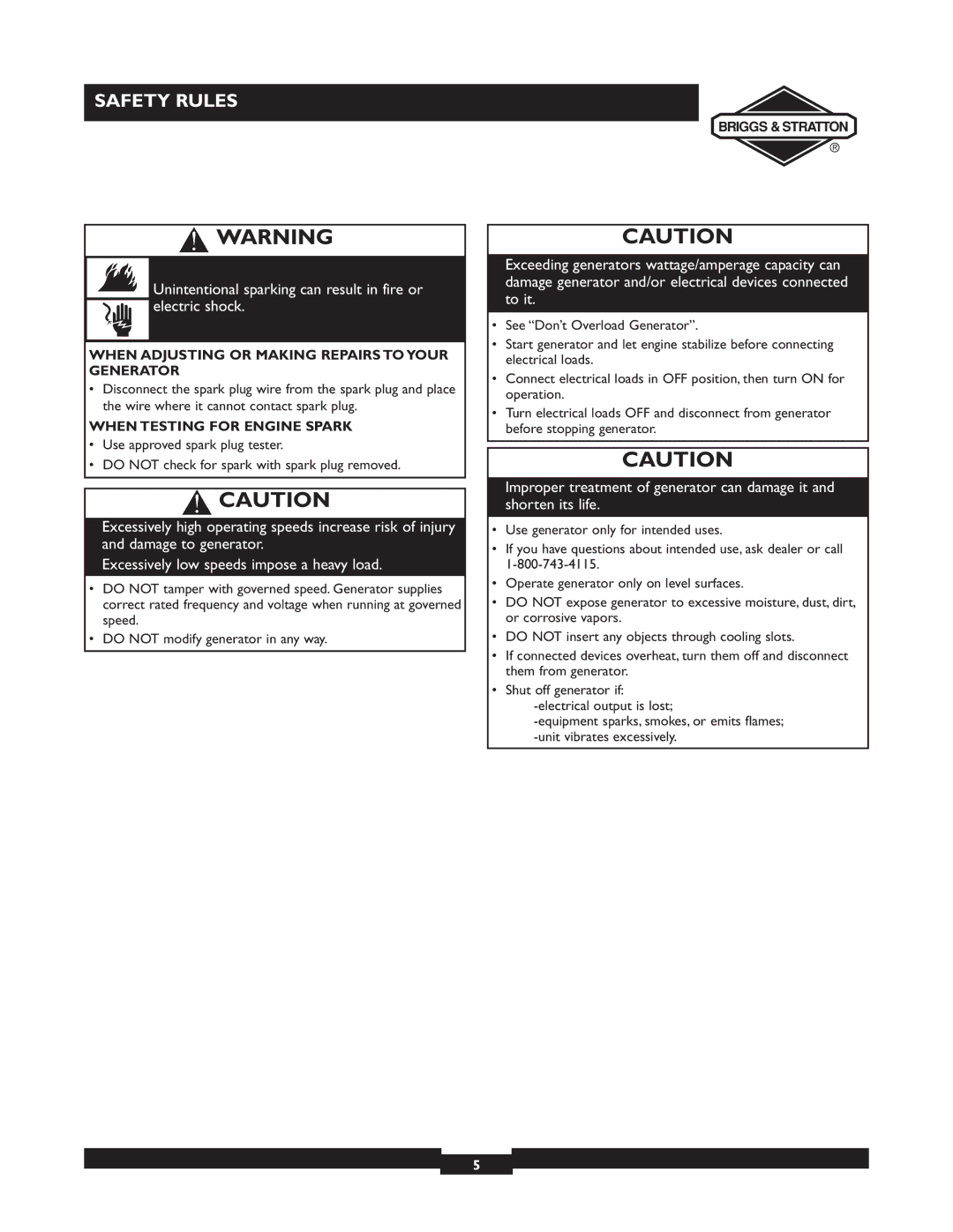 Briggs & Stratton 09801-9 When Adjusting or Making Repairs to Your Generator, When Testing for Engine Spark 