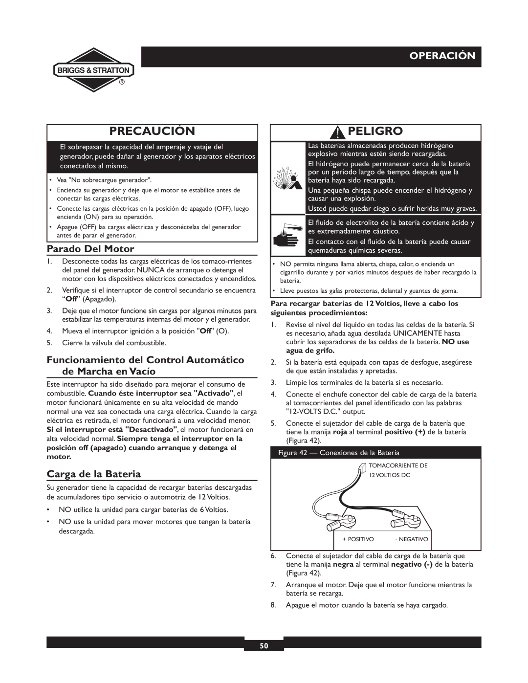 Briggs & Stratton 09801-9 Parado Del Motor, Funcionamiento del Control Automático de Marcha en Vacío, Carga de la Bateria 