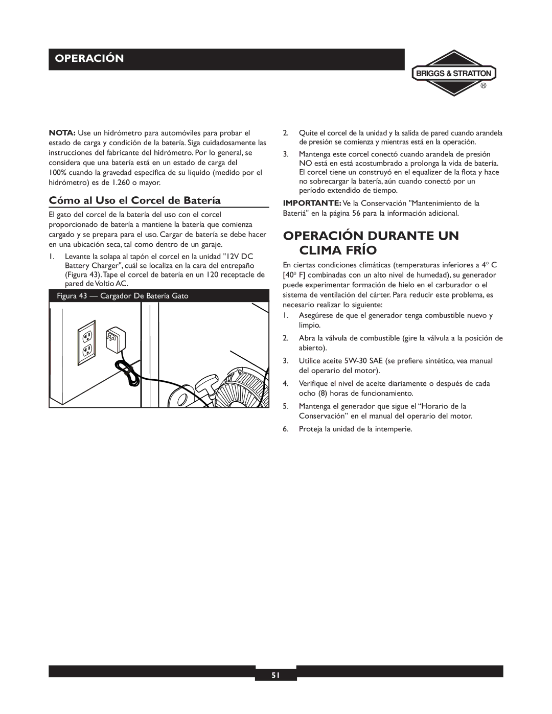 Briggs & Stratton 09801-9 manuel dutilisation Operación Durante UN Clima Frío, Cómo al Uso el Corcel de Batería 