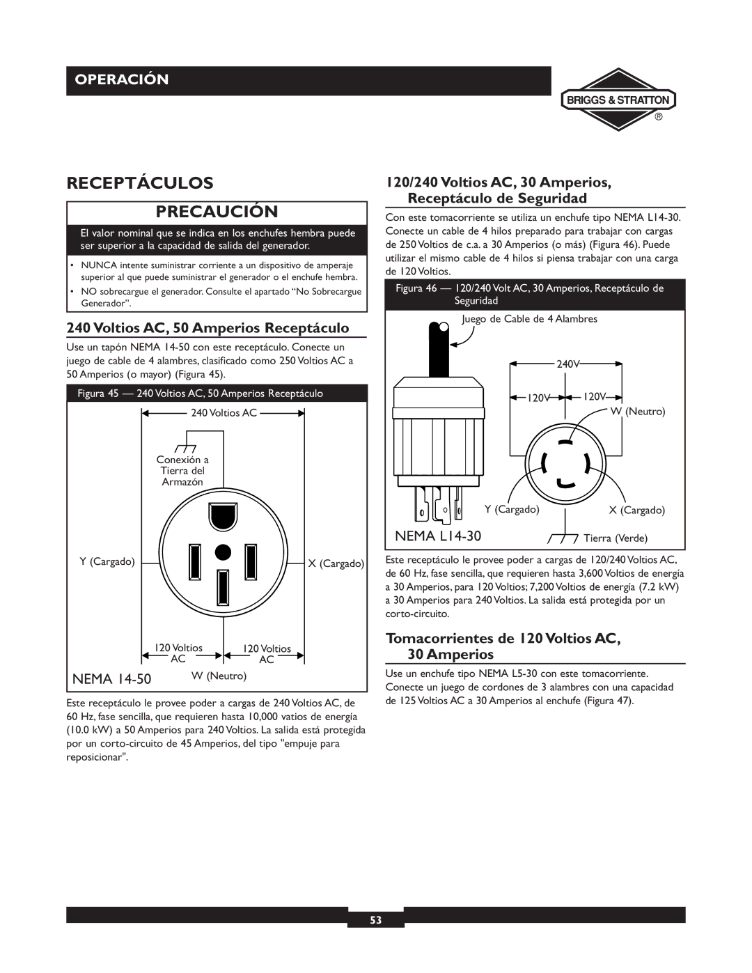 Briggs & Stratton 09801-9 manuel dutilisation Receptáculos Precaución, Voltios AC, 50 Amperios Receptáculo 