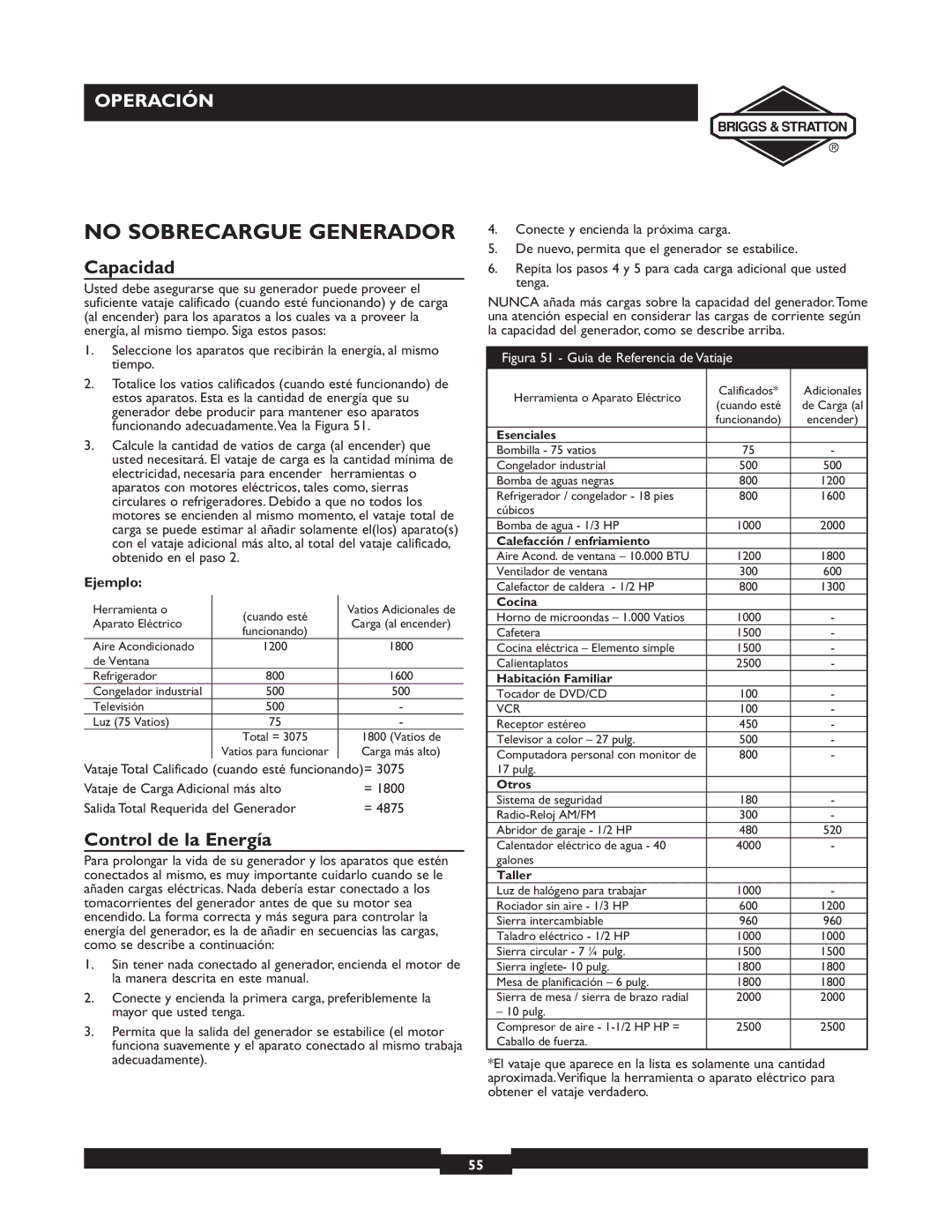 Briggs & Stratton 09801-9 manuel dutilisation No Sobrecargue Generador, Capacidad, Control de la Energía, Ejemplo 