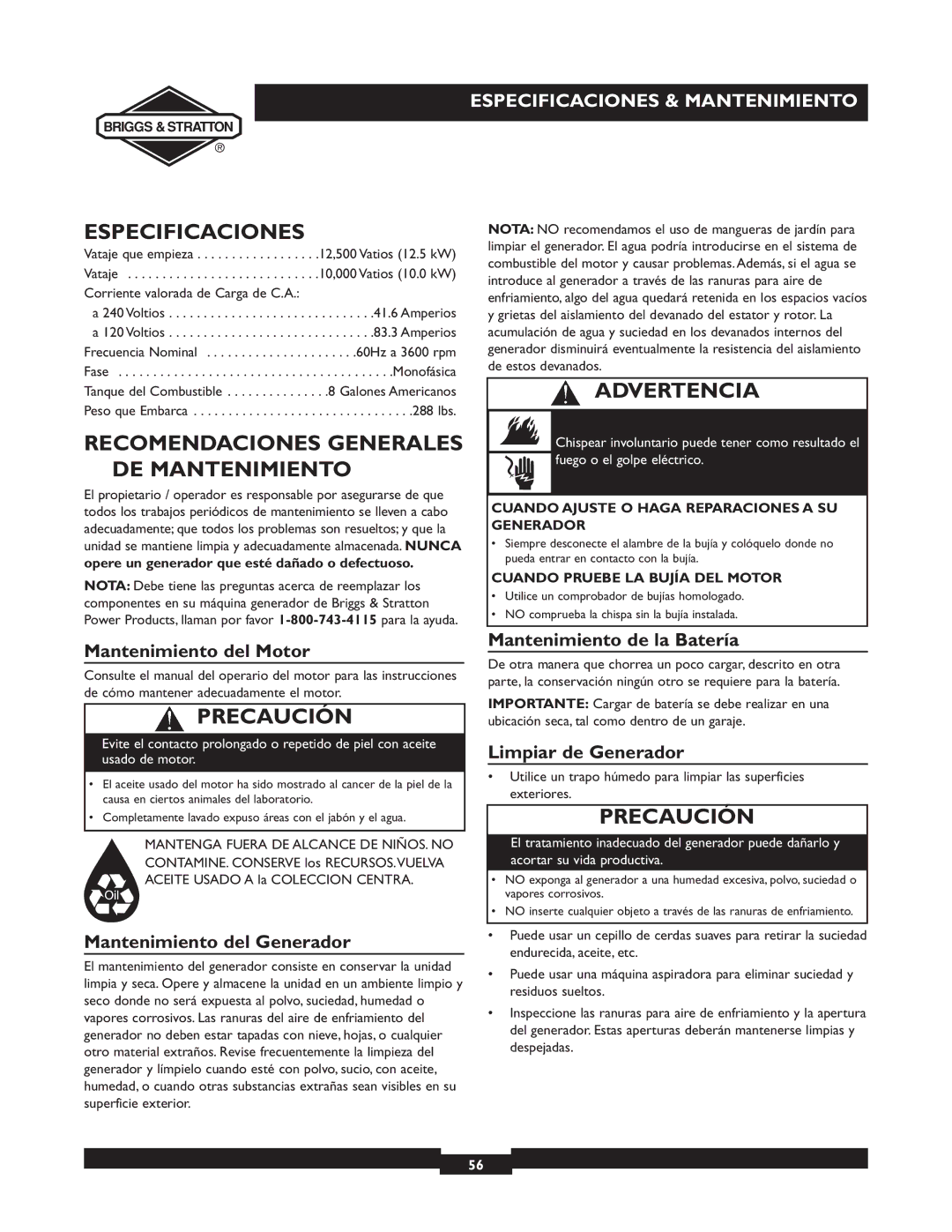 Briggs & Stratton 09801-9 manuel dutilisation Especificaciones, Recomendaciones Generales DE Mantenimiento 