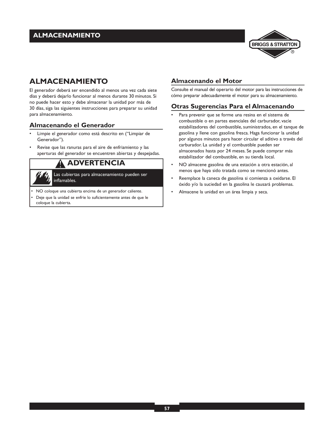 Briggs & Stratton 09801-9 manuel dutilisation Almacenamiento, Almacenando el Generador, Almacenando el Motor 