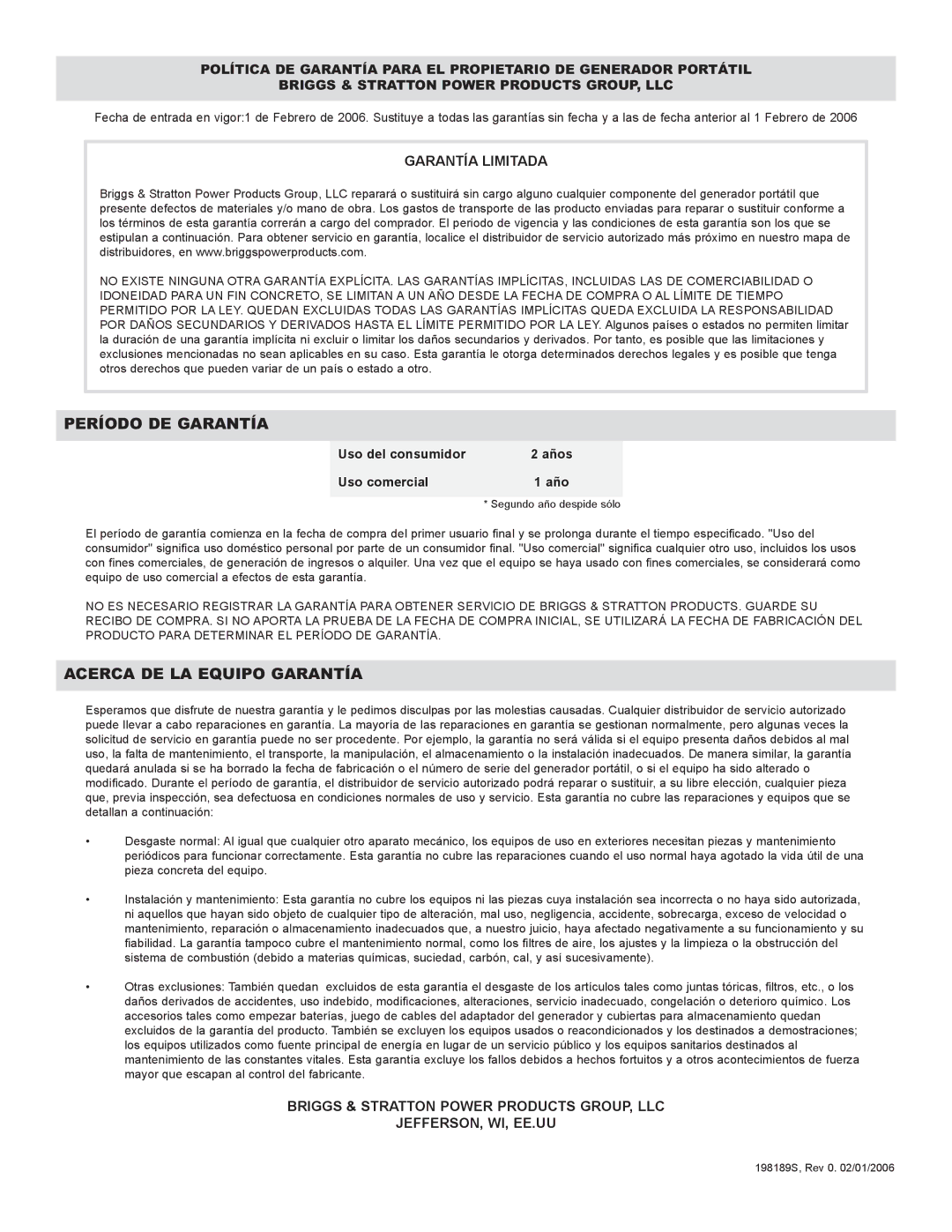 Briggs & Stratton 09801-9 manuel dutilisation Período DE Garantía, Garantía Limitada 