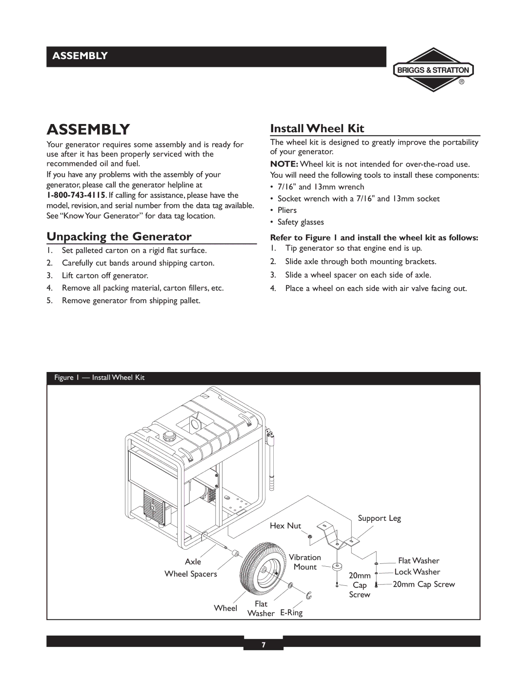 Briggs & Stratton 09801-9 manuel dutilisation Assembly, Unpacking the Generator, Install Wheel Kit, Vibration, Mount 