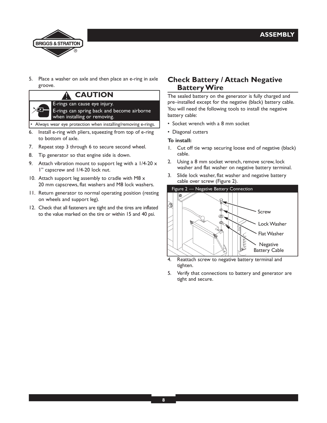 Briggs & Stratton 09801-9 manuel dutilisation Check Battery / Attach Negative Battery Wire, Battery Cable 