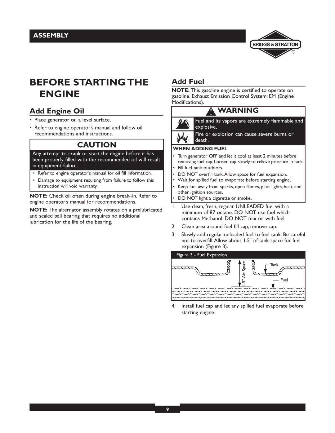 Briggs & Stratton 09801-9 manuel dutilisation Before Starting the Engine, Add Engine Oil, Add Fuel, When Adding Fuel 