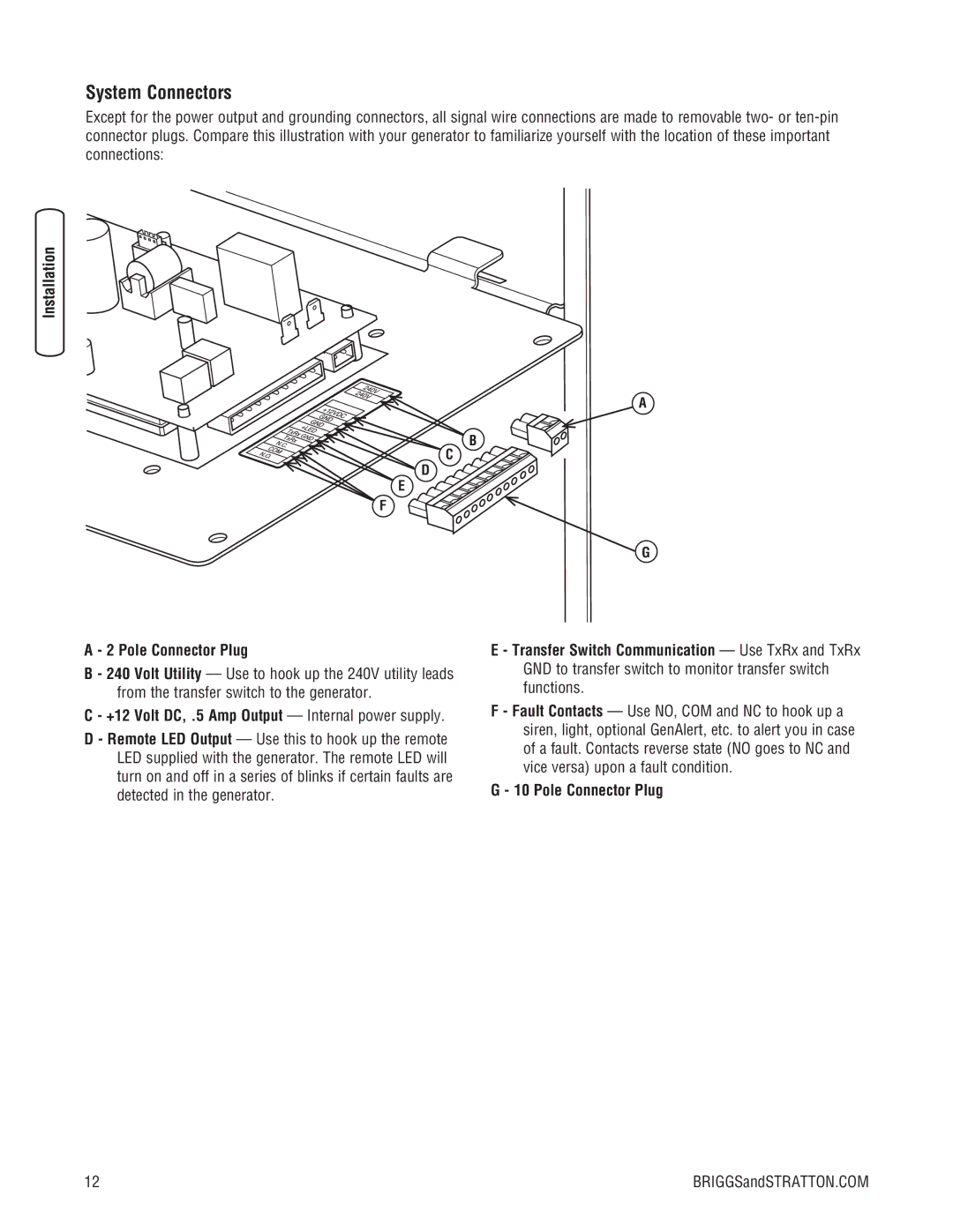 Briggs & Stratton 10000 Watt System Connectors, Pole Connector Plug, +12 Volt DC, .5 Amp Output Internal power supply 