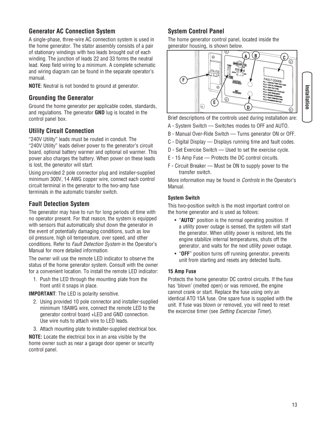 Briggs & Stratton 10000 Watt manual Generator AC Connection System, Grounding the Generator, Utility Circuit Connection 