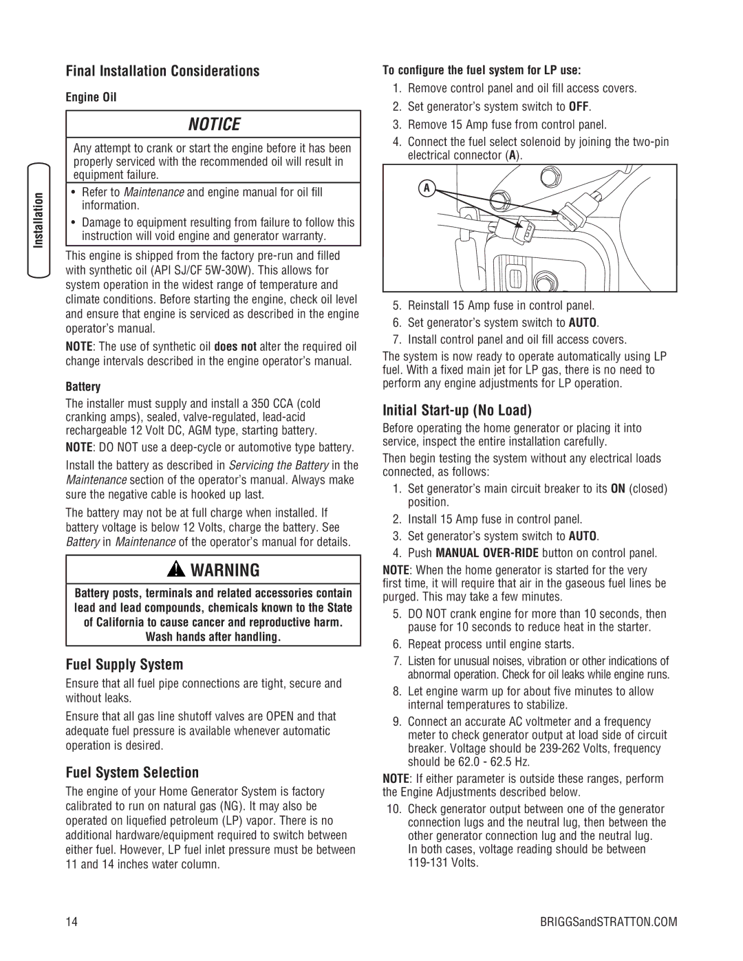 Briggs & Stratton 10000 Watt manual Final Installation Considerations, Fuel Supply System, Fuel System Selection 