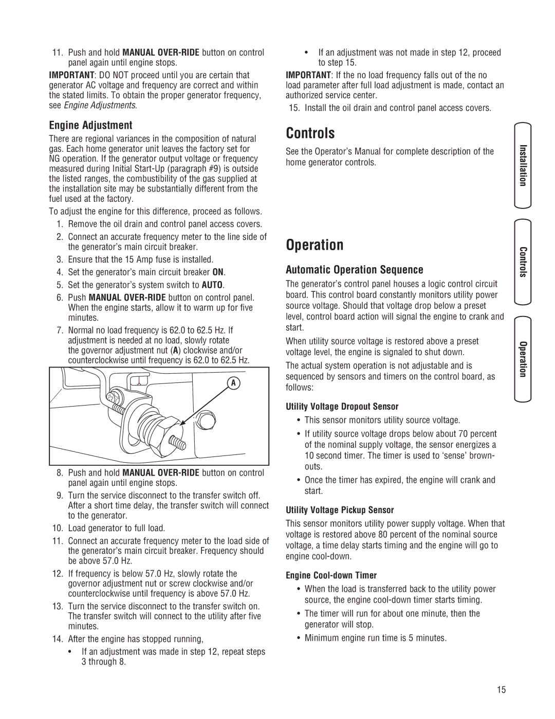 Briggs & Stratton 10000 Watt manual Controls, Engine Adjustment, Automatic Operation Sequence 